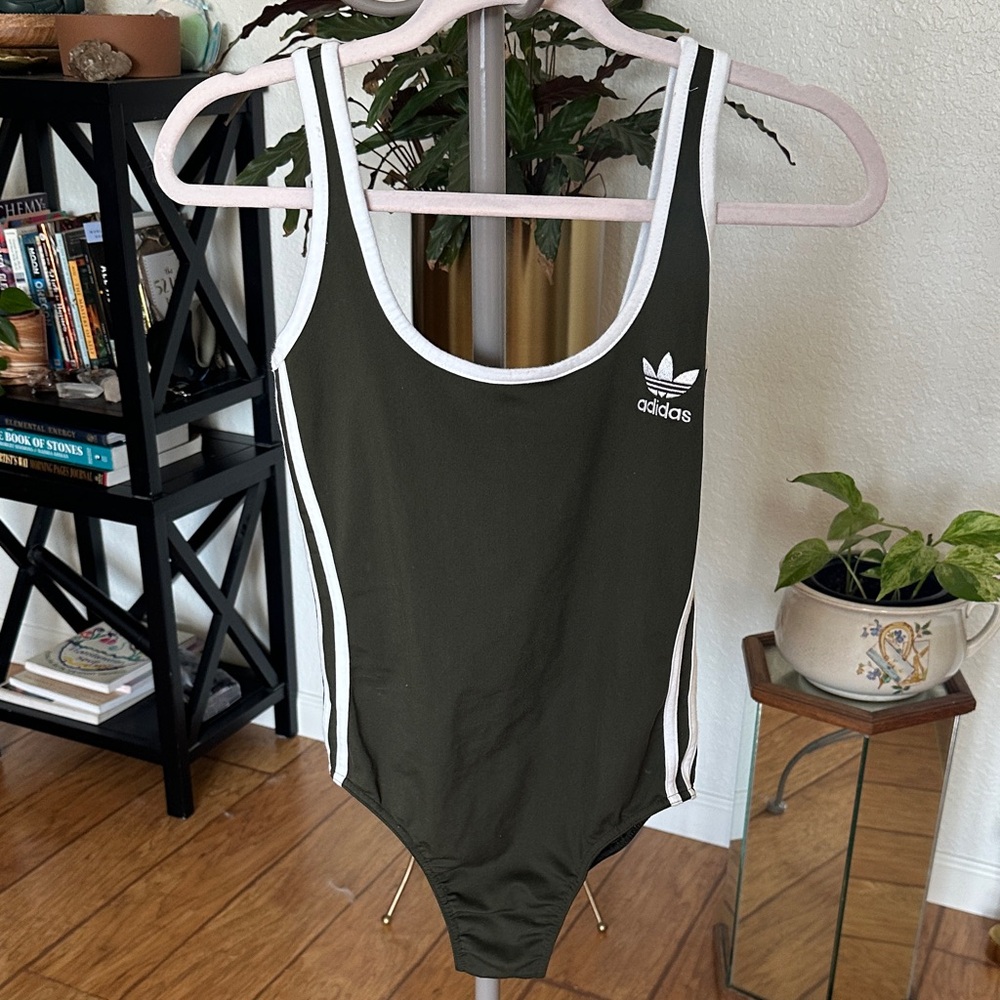 Adidas Olive Green and White Athletic Swimsuit